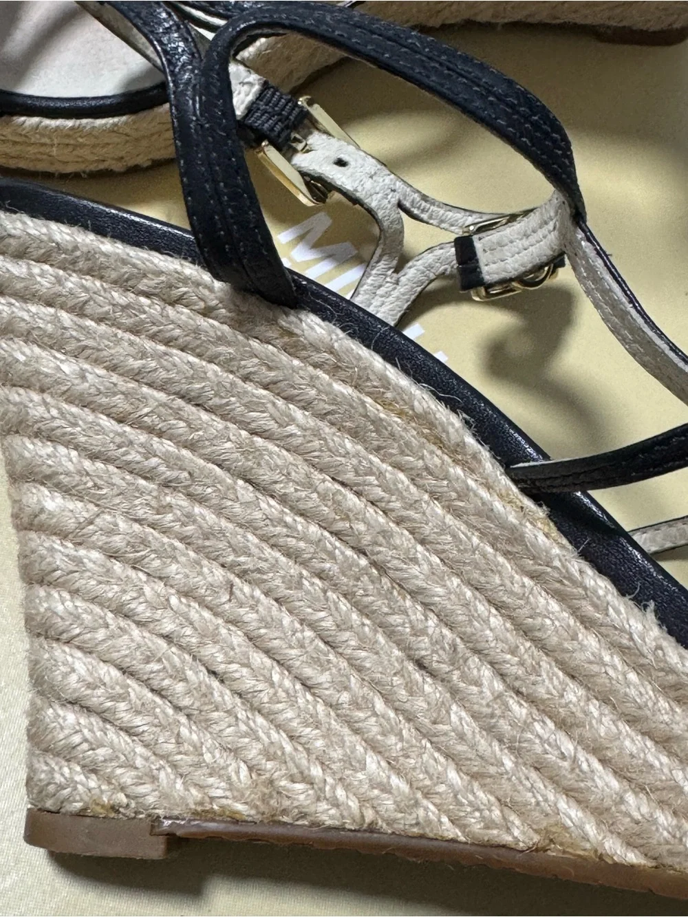 Michael Kors Black Leather Strappy Espadrille Wedges with Gold Accents